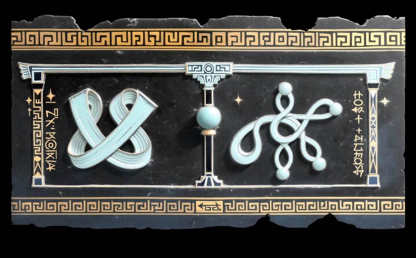 A flat carved Egyptian instructional plate of two abstract peptide emblems set side by side under a register band, in faience-teal and Egyptian-blue on a deep lapis-ink wall